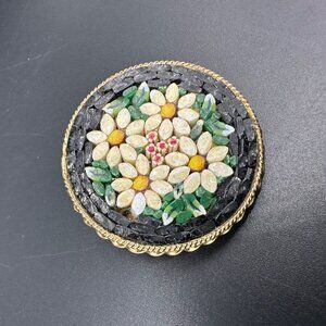 Vintage Italian Micro Mosaic Brooch Pin Daisy Flowers Gold Tone White Black